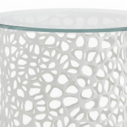 Metal Round Dining Table with Tempered Glass Top and Cast Aluminum Base, White