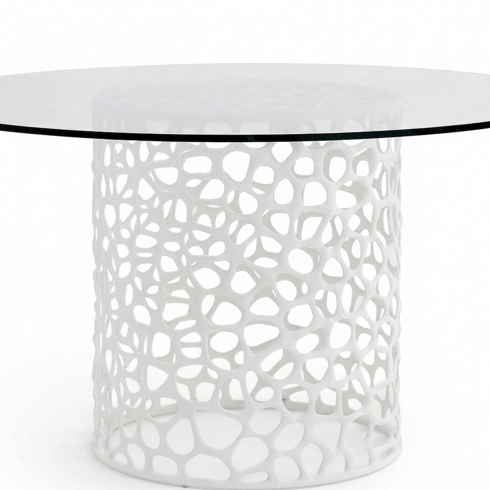 Metal Round Dining Table with Tempered Glass Top and Cast Aluminum Base, White
