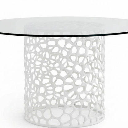 Metal Round Dining Table with Tempered Glass Top and Cast Aluminum Base, White