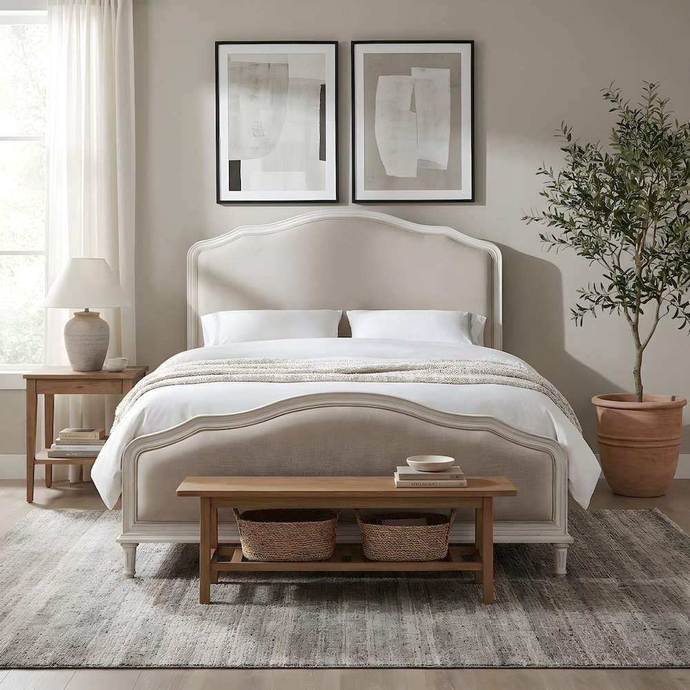 Viscose-Upholstered King Platform Bed with Wood Frame, Distressed Finish