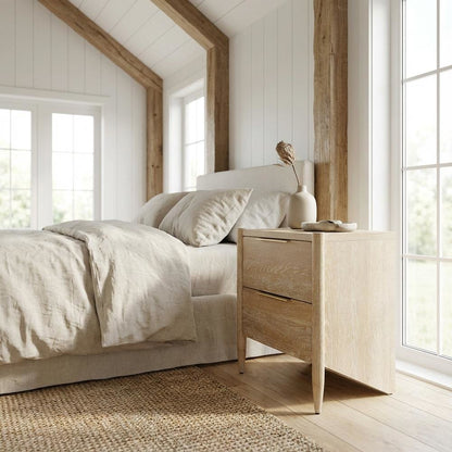 White Oak Nightstand with Brushed Oak Finish and Mid Century Style