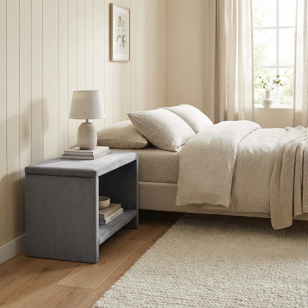 Gray Velvet Night Stand with Contemporary Design for Bedroom Storage