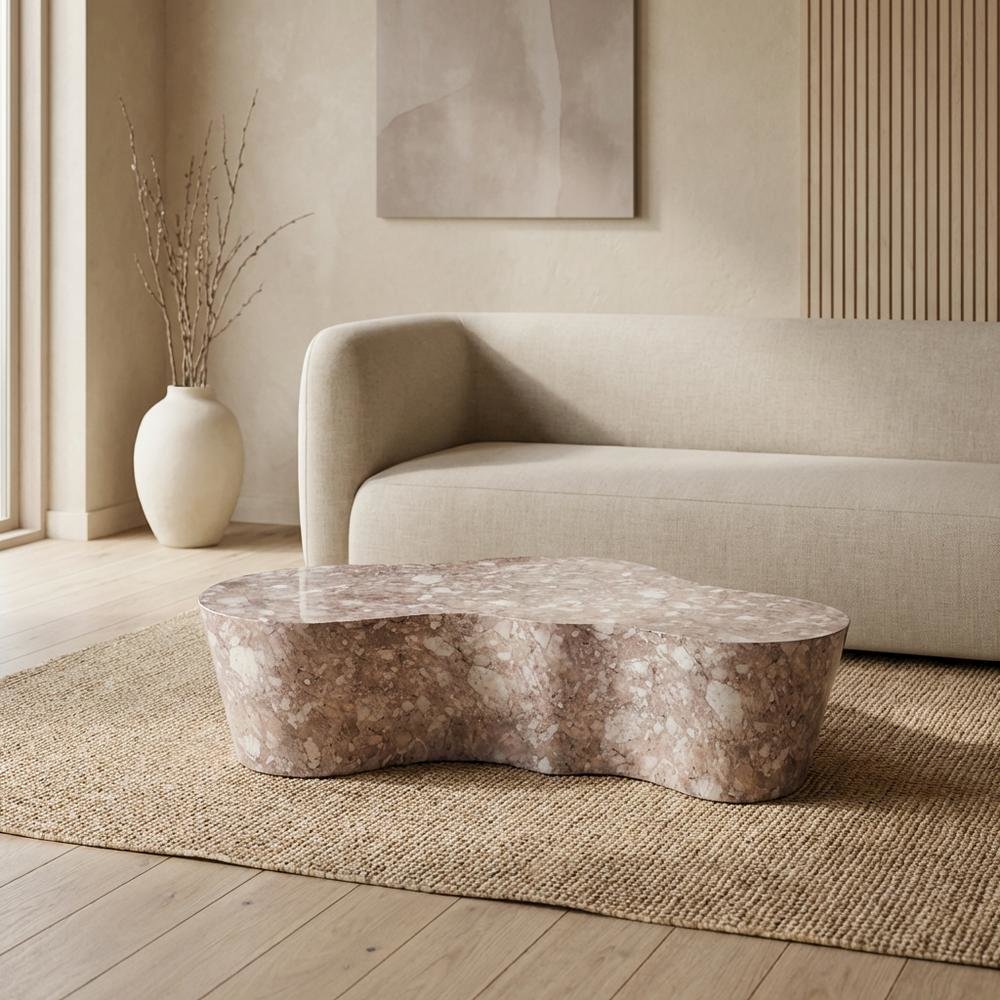 Brown Marble Finish Concrete Coffee Table with Art Deco Style