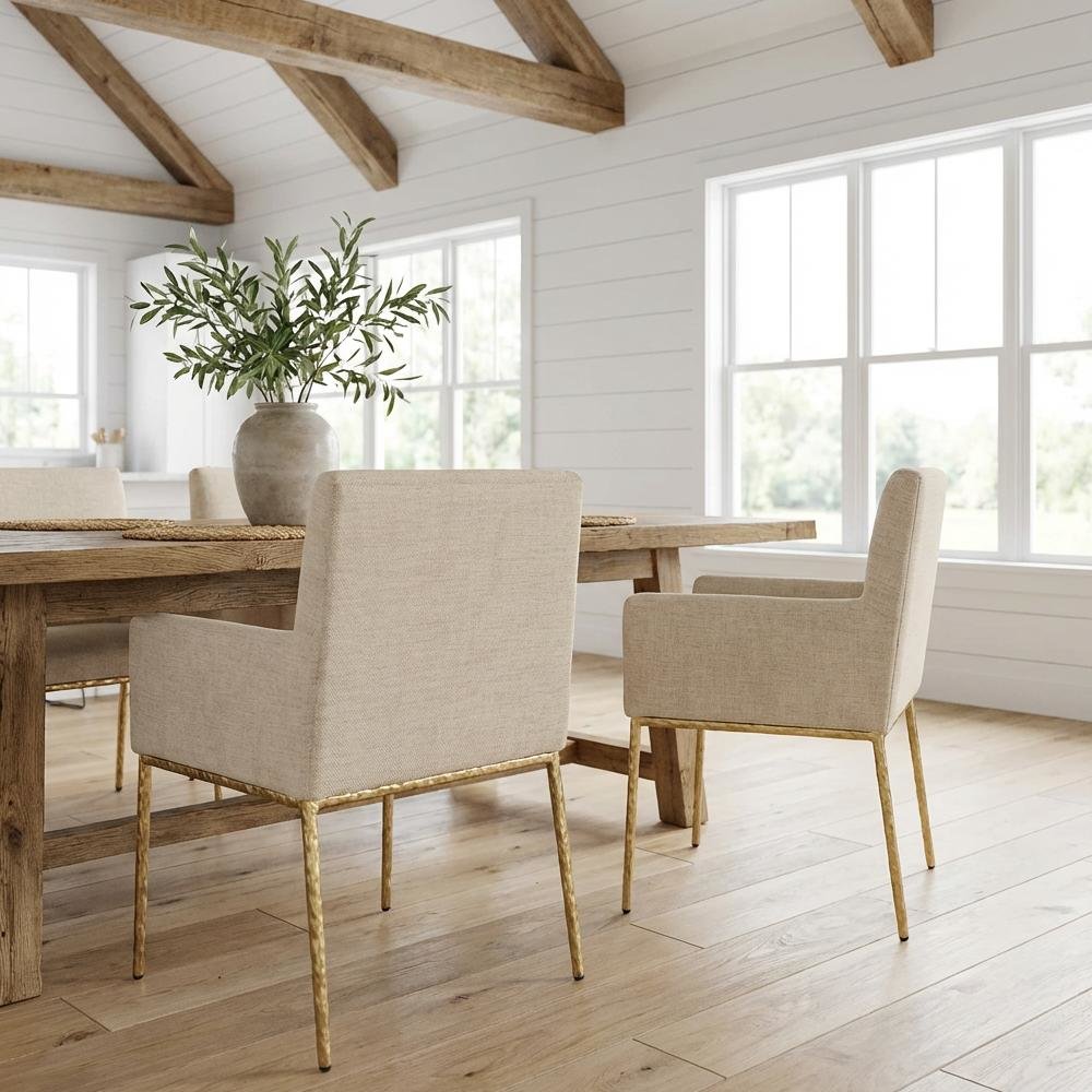 Beige Chenille Dining Chairs Set of 2 with Brushed Brass Frame