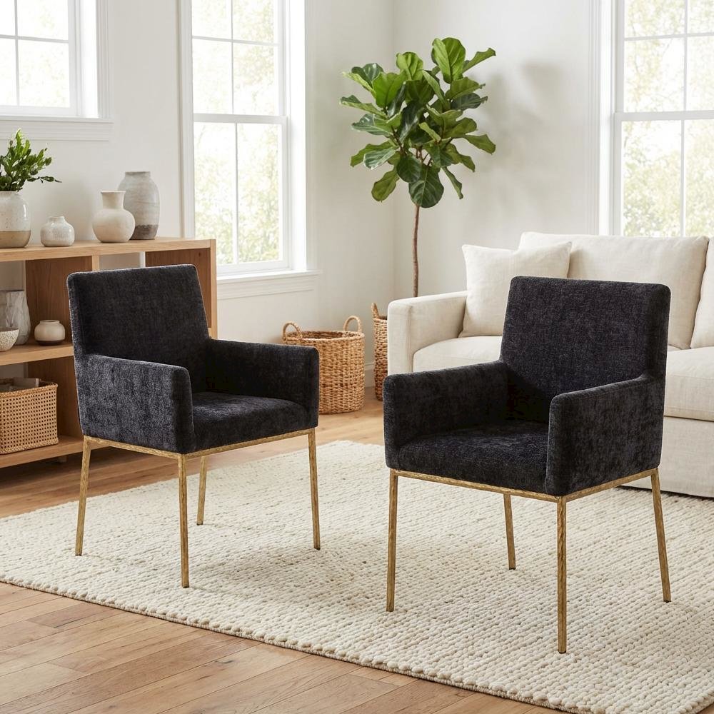 Brushed Brass Dining Chair Set of 2 with Chenille Upholstery and Armrests