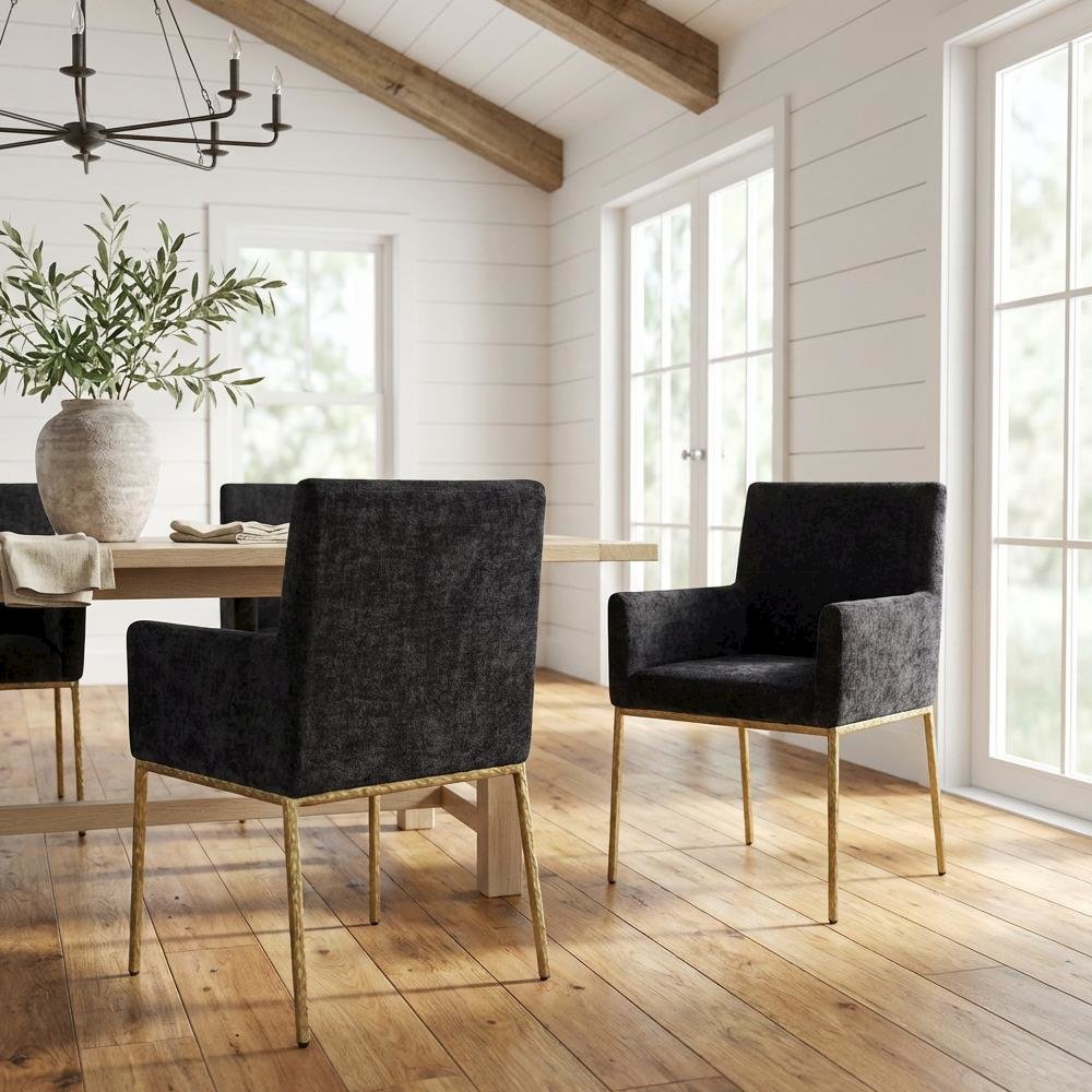 Brushed Brass Dining Chair Set of 2 with Chenille Upholstery and Armrests