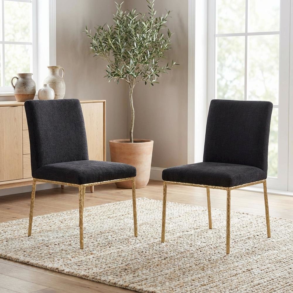 Black Chenille Upholstered Dining Side Chair Set of 2 with Contemporary Design
