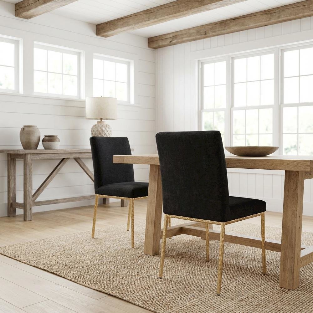 Black Chenille Upholstered Dining Side Chair Set of 2 with Contemporary Design