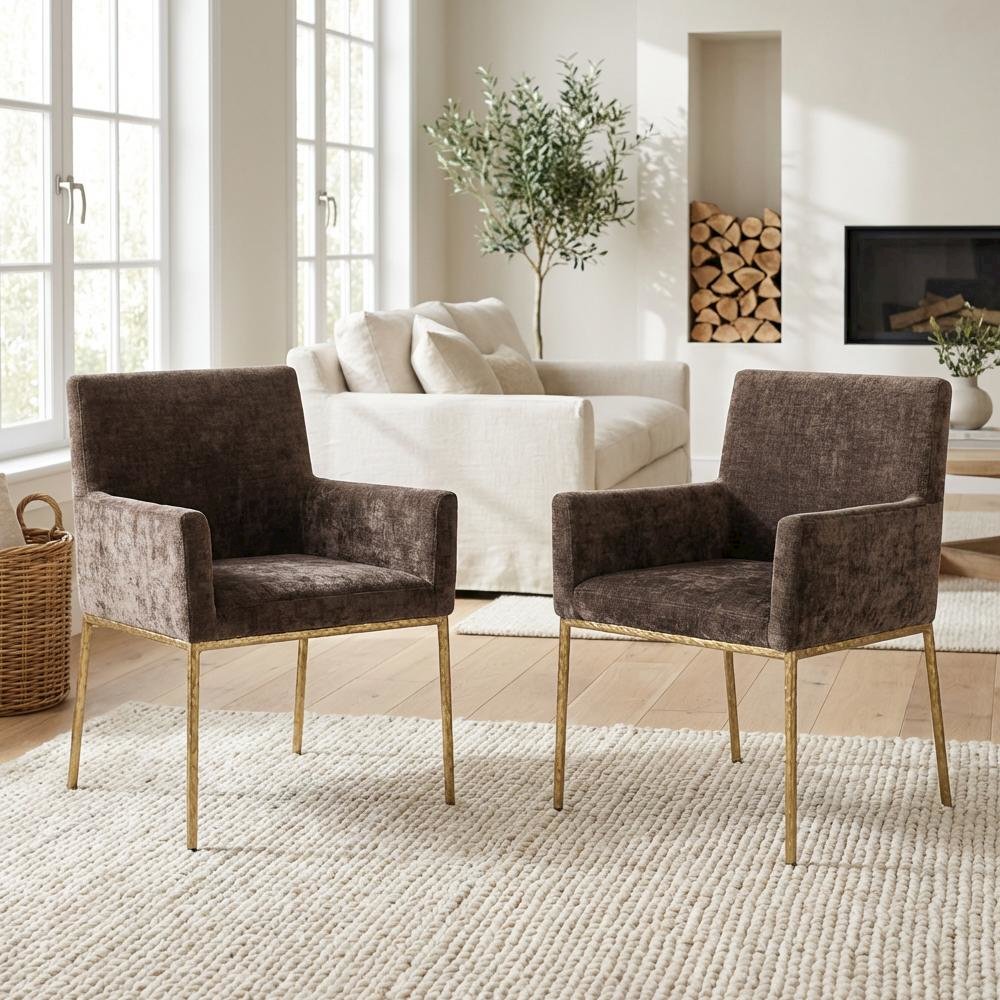 Brushed Brass Dining Chairs Set of 2 - Chenille Fabric and Contemporary Design