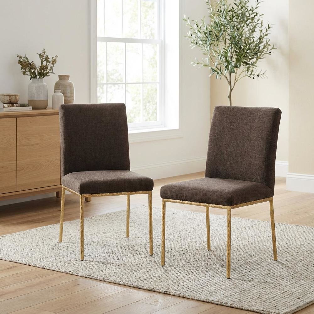 Brown Chenille Upholstered Dining Side Chair Set of 2 with Contemporary Design