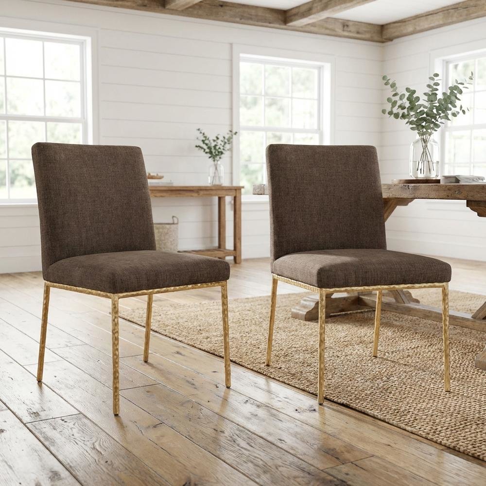 Brown Chenille Upholstered Dining Side Chair Set of 2 with Contemporary Design