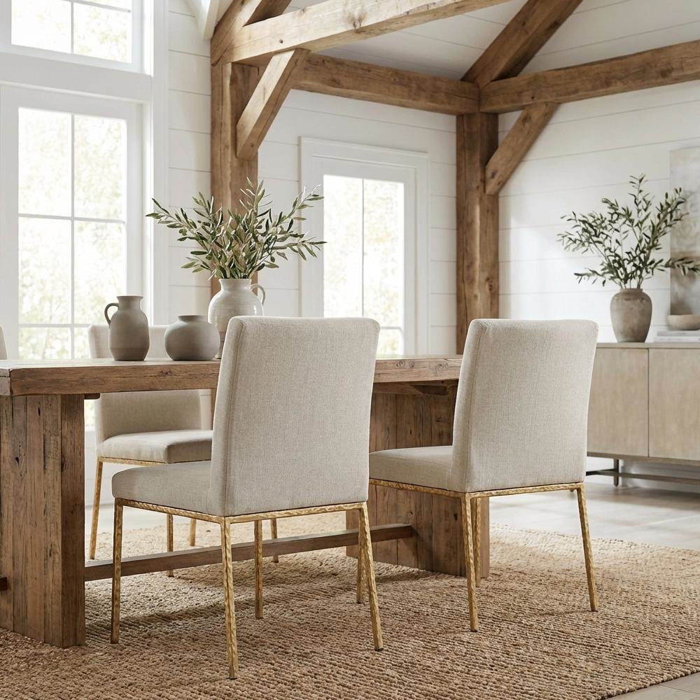 Cream Chenille Upholstered Dining Side Chairs Set of 2 with Contemporary Design
