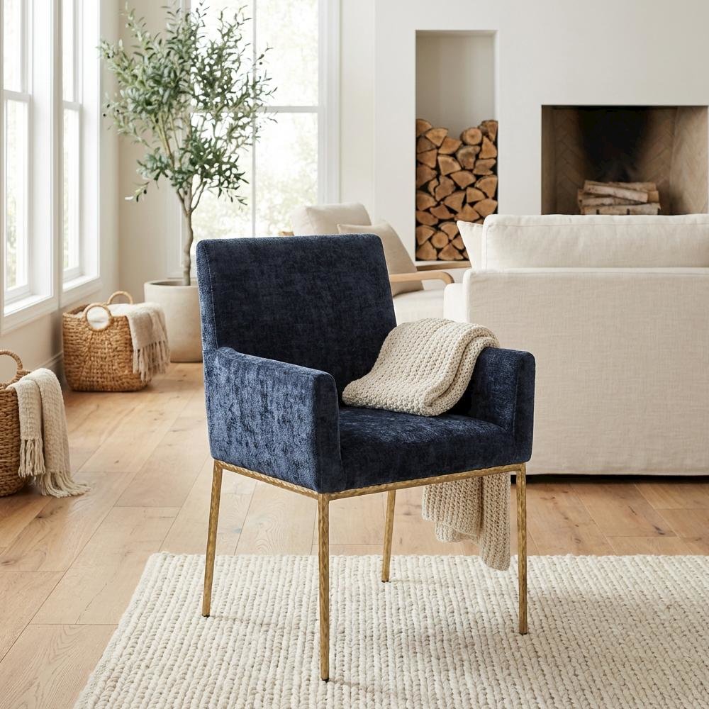 Navy Chenille Dining Chair Set of 2 - Brushed Brass Legs, Contemporary Design