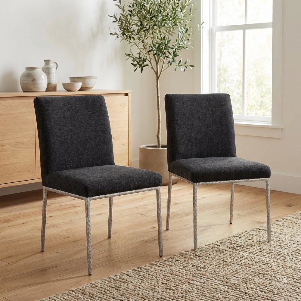 Black Chenille Upholstered Dining Side Chairs Set of 2 with Contemporary Design