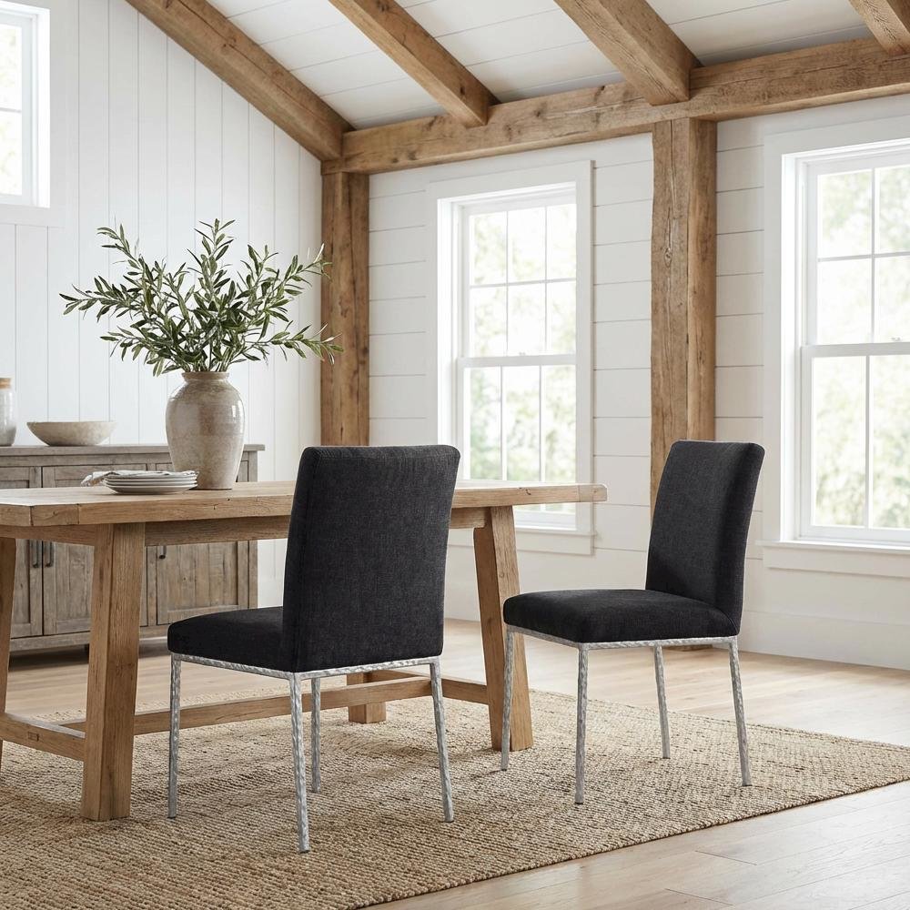 Black Chenille Upholstered Dining Side Chairs Set of 2 with Contemporary Design