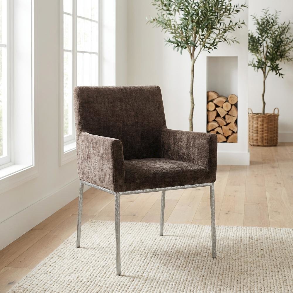 Brushed Silver Chenille Fabric Dining Chairs Set of 2 - Contemporary Design