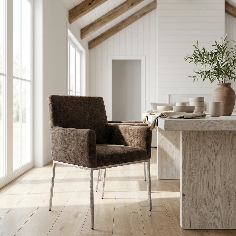 Brushed Silver Chenille Fabric Dining Chairs Set of 2 - Contemporary Design