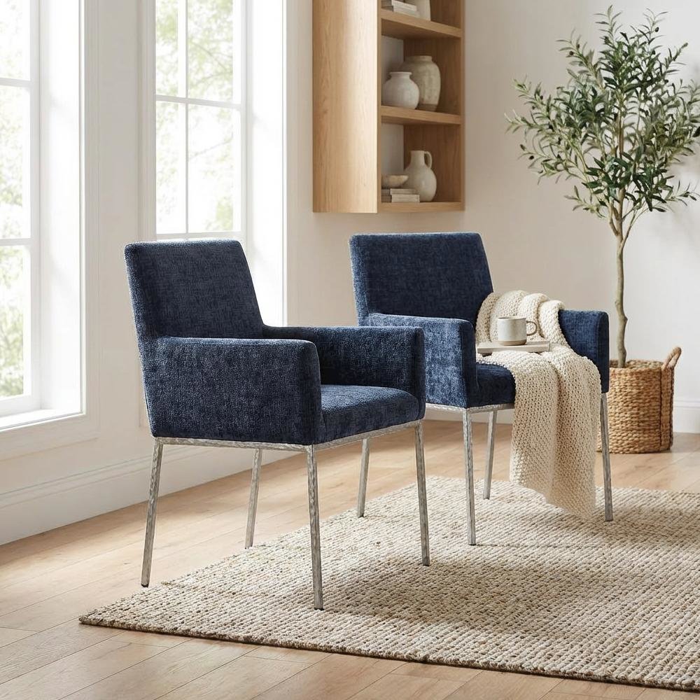 Navy Chenille Dining Chair Set of 2 with Brushed Silver Frame and Cushioned Seat