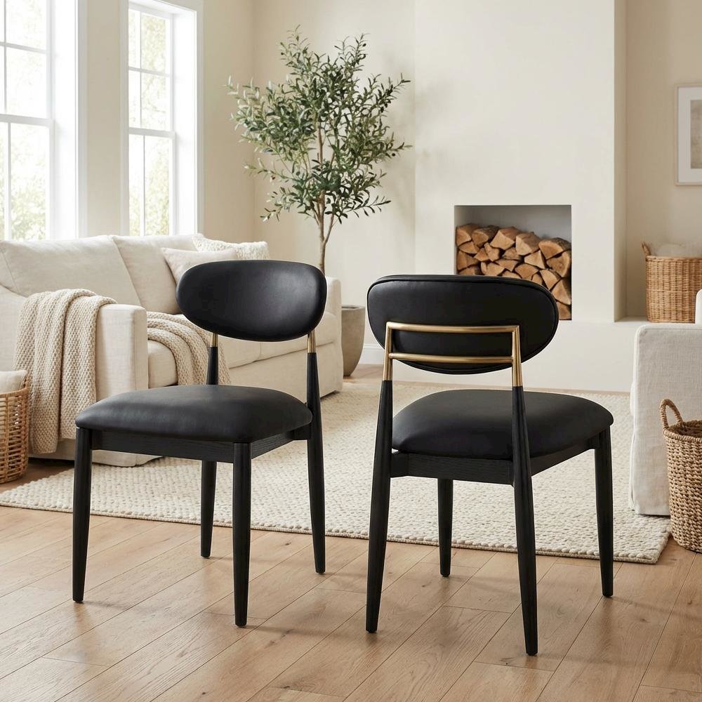Black Vegan Leather Dining Side Chair Armless Ash Wood Legs Set of 2