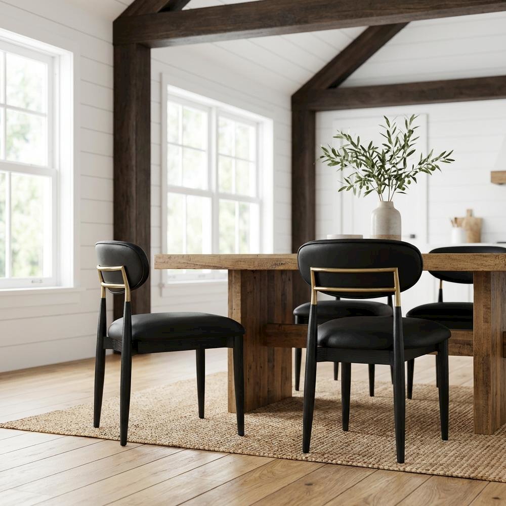 Black Vegan Leather Dining Side Chair Armless Ash Wood Legs Set of 2