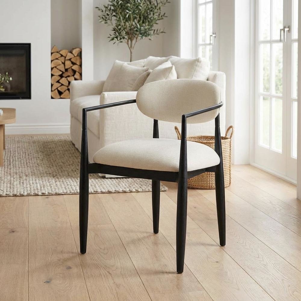 Beige Performance Fabric Dining Arm Chairs Set of 2 with Stained Ash Wood Legs