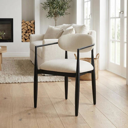 Beige Performance Fabric Dining Arm Chairs Set of 2 with Stained Ash Wood Legs
