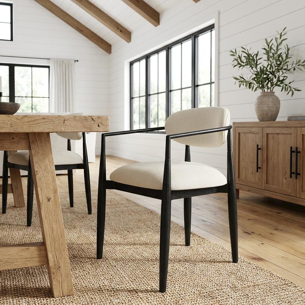 Beige Performance Fabric Dining Arm Chairs Set of 2 with Stained Ash Wood Legs