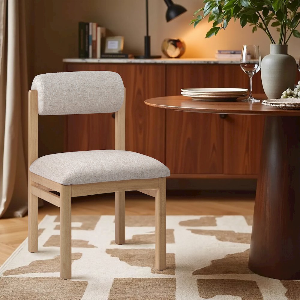 Roundhill Beige Linen Textured Fabric Upholstered Dining Chair, Set of 2