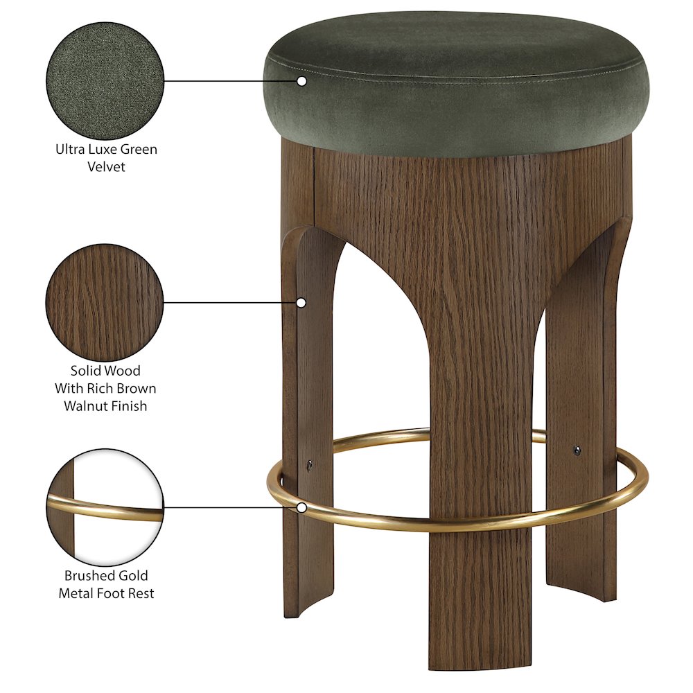 Bocceli Green Velvet Upholstered Counter Stool