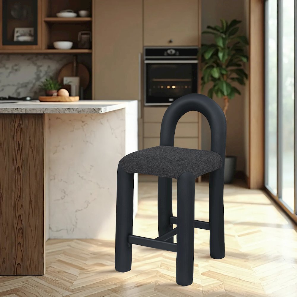 Amari Black Vegan Leather and Boucle Fabric Stool