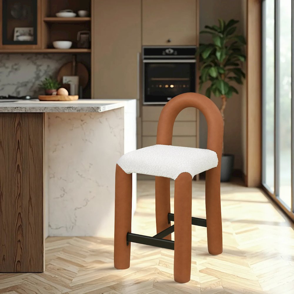 Amari Cognac Vegan Leather and Boucle Fabric Stool
