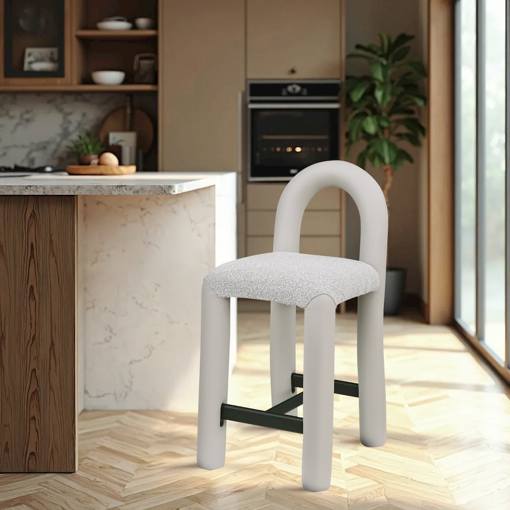 Amari Taupe Vegan Leather and Boucle Fabric Stool