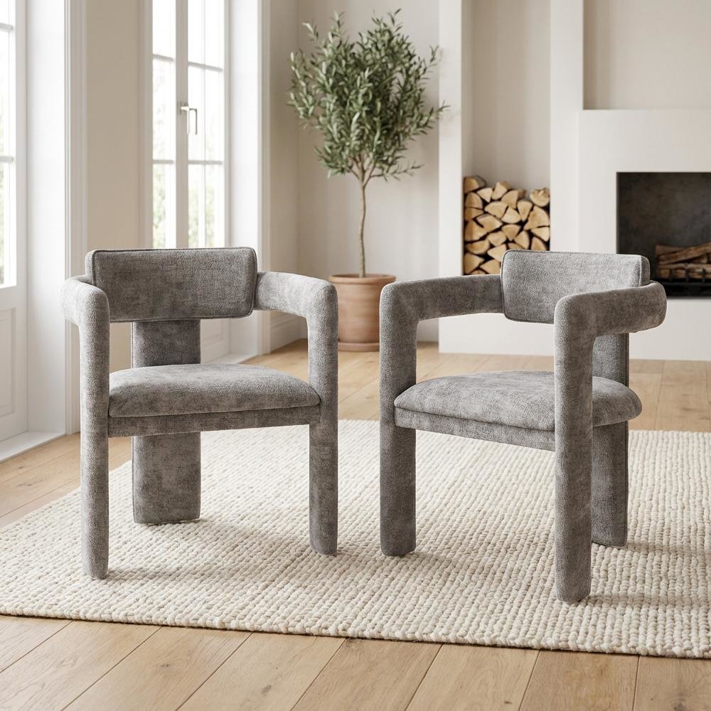 Gray Chenille Fabric Dining Chairs Set of 2 with Armrests and Cushioned Seats