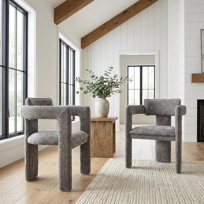 Gray Chenille Fabric Dining Chairs Set of 2 with Armrests and Cushioned Seats