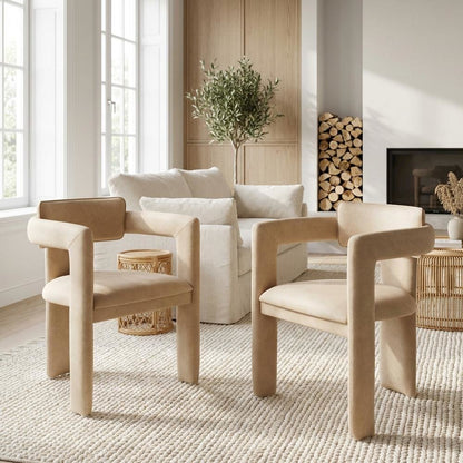 Tan Vegan Leather Dining Chairs Set of 2 with Armrests Contemporary Design