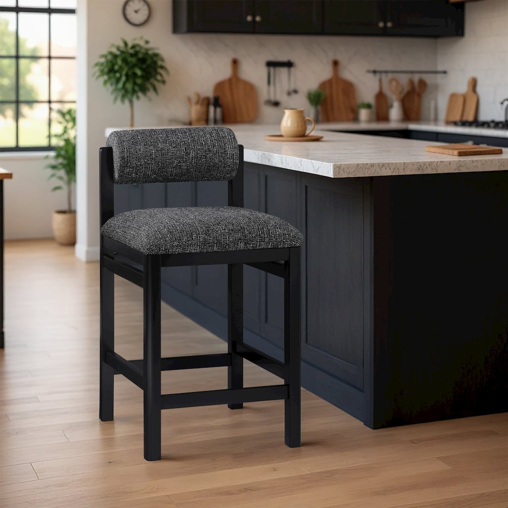 Roundhill Black Linen Textured Fabric Upholstered Counter Stool