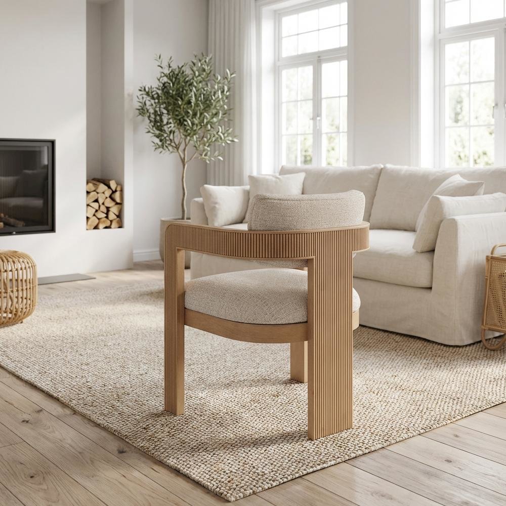 Beige Linen Upholstered Dining Chairs Set of 2 with Textured Fabric and Armrests