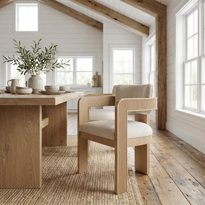 Beige Linen Upholstered Dining Chairs Set of 2 with Textured Fabric and Armrests