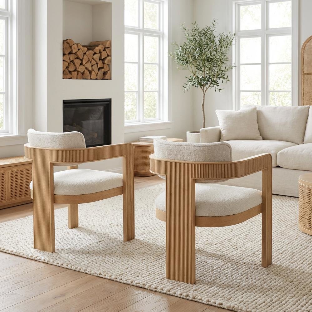 Dining Chairs Neutral Linen Fabric Upholstered 2-Piece Set with Armrests
