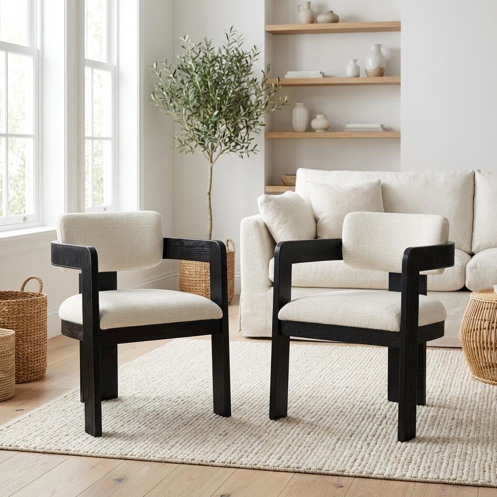 Black Linen Textured Fabric Dining Chairs, Set of 2 with Armrests - Art Deco
