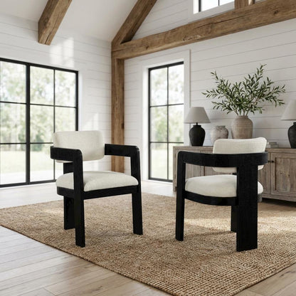 Black Linen Textured Fabric Dining Chairs, Set of 2 with Armrests - Art Deco