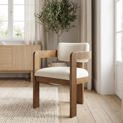 Brown Linen Textured Dining Chair Set of 2 with Armrests and Art Deco Design
