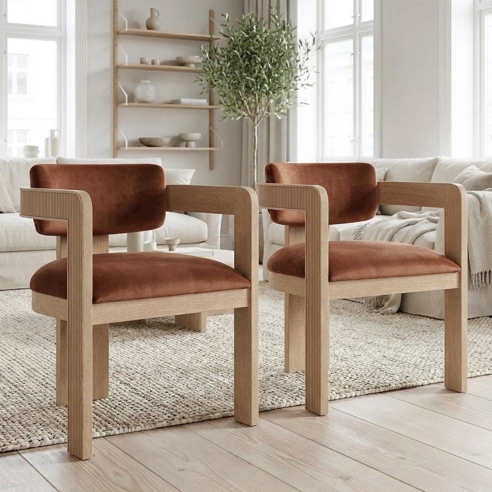 Neutral Velvet Dining Chair Set of 2 with Armrests and Art Deco Design