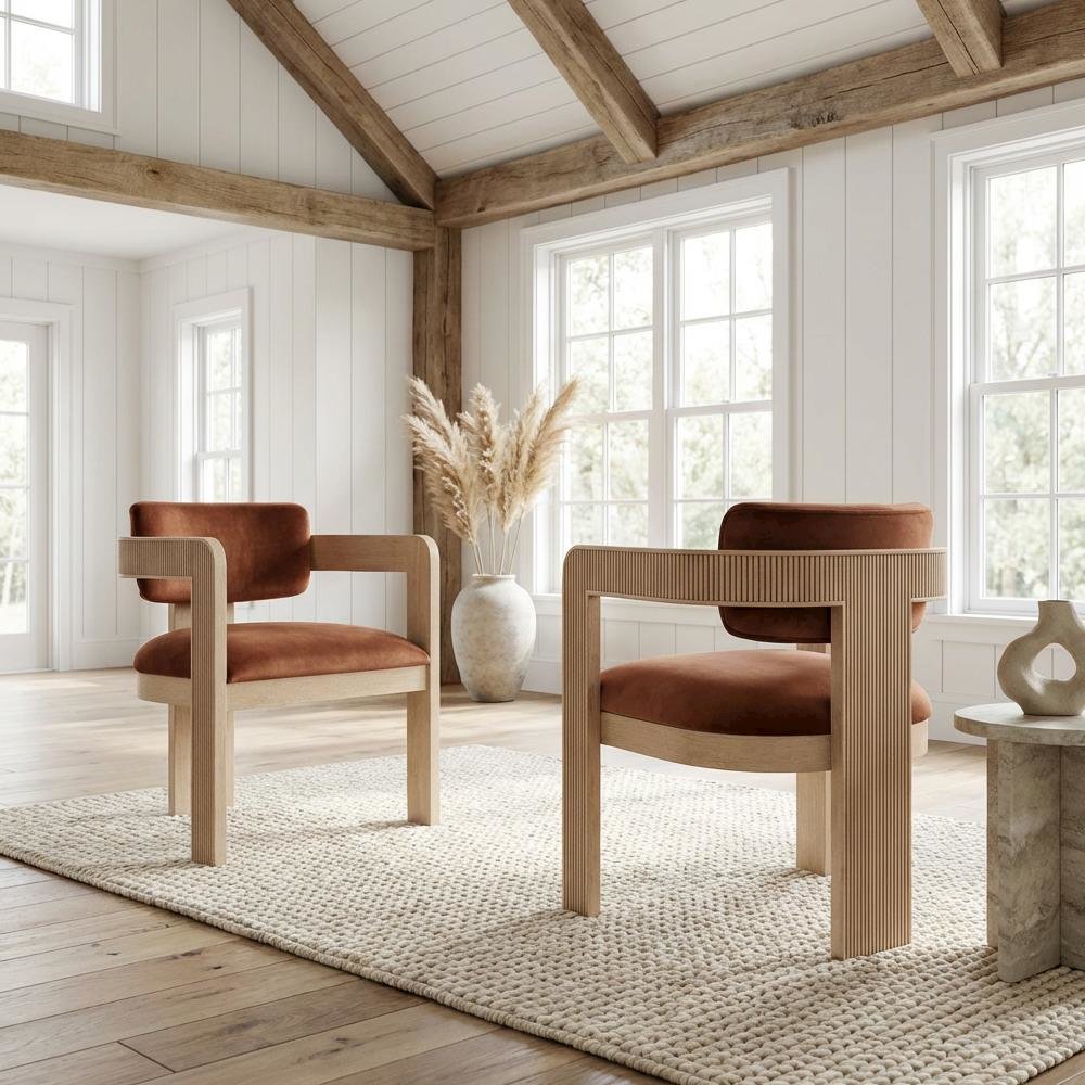 Neutral Velvet Dining Chair Set of 2 with Armrests and Art Deco Design