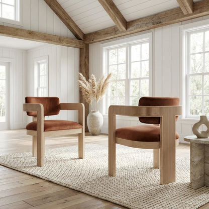 Neutral Velvet Dining Chair Set of 2 with Armrests and Art Deco Design