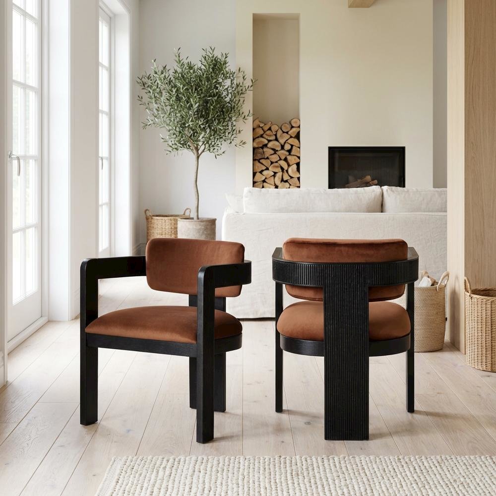 Black Velvet Dining Chairs Set of 2 with Armrests and Art Deco Style