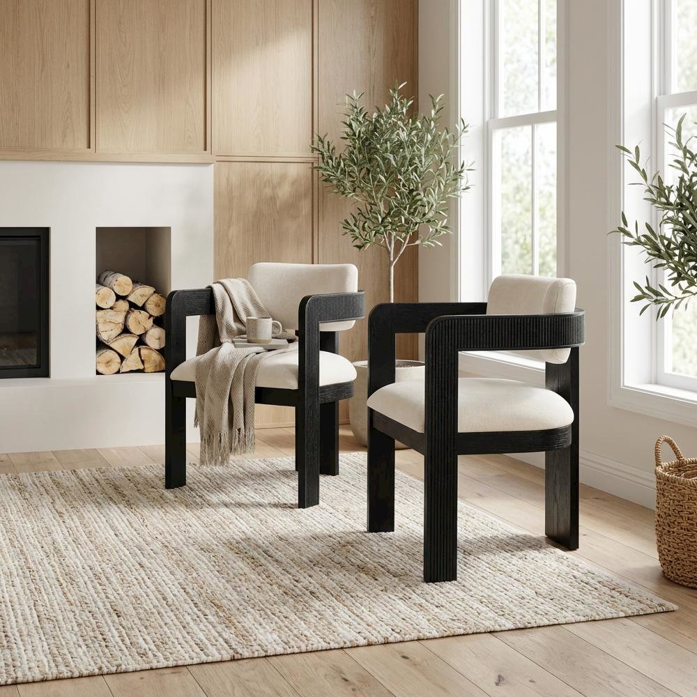Black Velvet Dining Chairs Set of 2 with Armrests and Art Deco Design