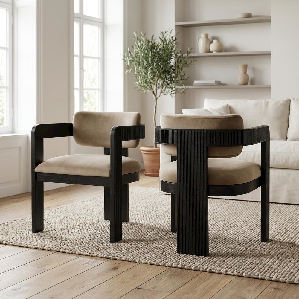 Black Velvet Dining Chair Set of 2 with Armrests and Art Deco Design