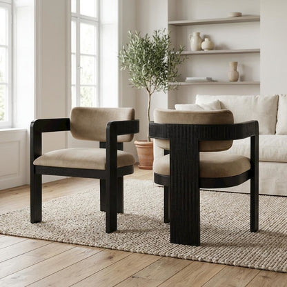 Black Velvet Dining Chair Set of 2 with Armrests and Art Deco Design