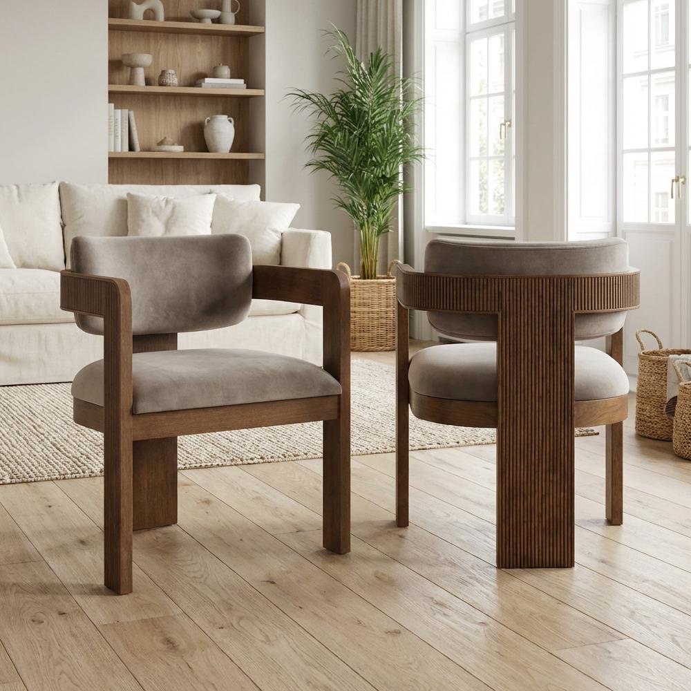 Brown Velvet Dining Chairs Set of 2 with Armrests and Art Deco Style